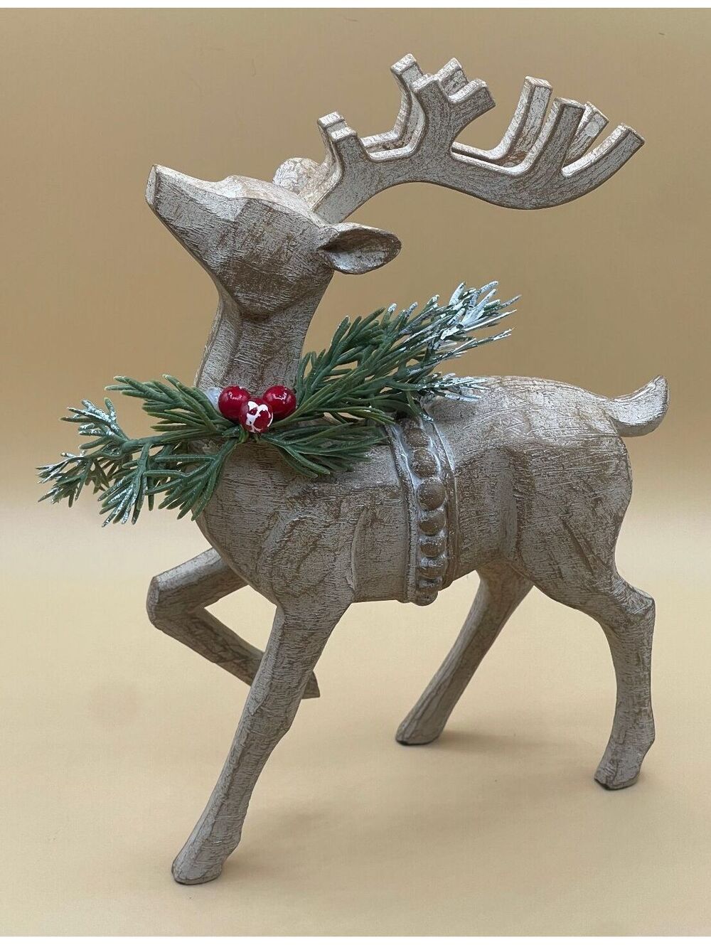 Decorative Wooden Reindeer Figurine with Pine and Berry Accent